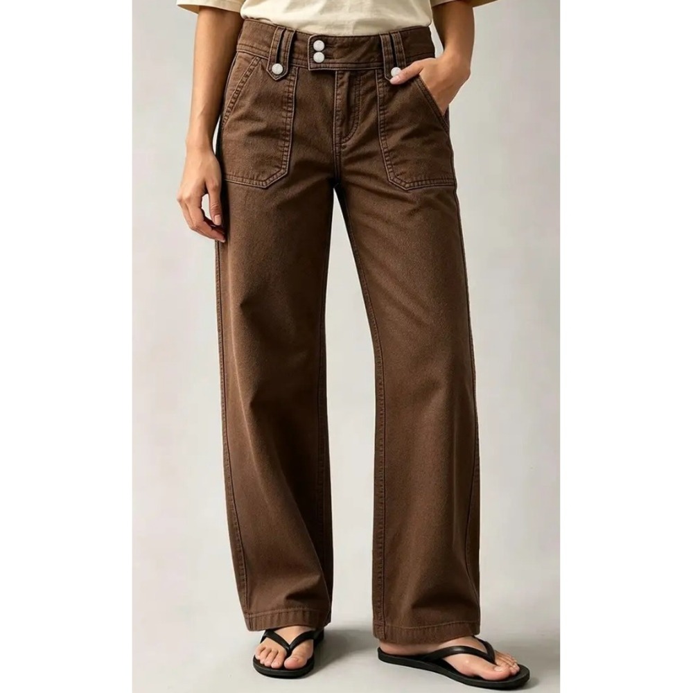 Flamingals Brown Asymmetrical Patch Pocket Wide Leg Pants Mid Waist M 274365 HB